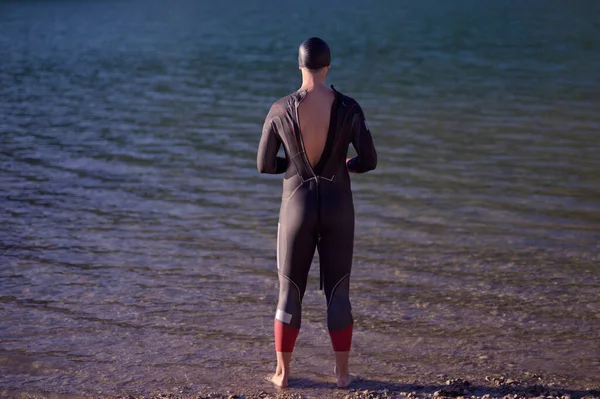 Authentic Triathlete Swimmer Portrait Wearing Wetsuit Morning Training — Stock Photo, Image