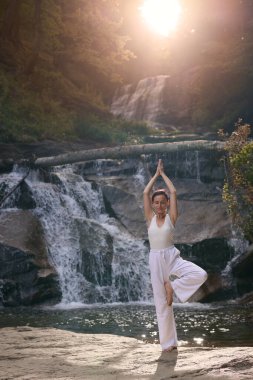 Gün doğumunda şelalenin önünde yoga ağacı pozu veren bir kadın doğada huzurlu bir meditasyon yapıyor. Sakin ve rahatlatıcı ağır çekim sahnesi