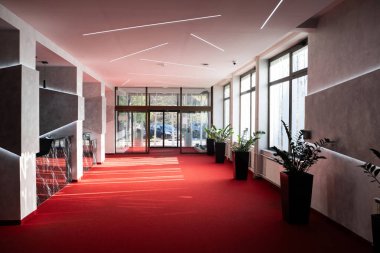 Kalın kırmızı halı, büyük pencereler, doğal ışık ve yeşil bitkilerle süslenmiş modern duvar tasarımı ile çağdaş otel giriş lobisi..