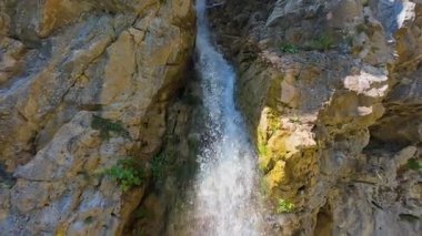 Bereketli yeşil ağaçlar ve ormanlarla çevrili kayalık bir uçurumdan şelalenin havadan çekilmiş videosu güneşli bir yaz gününde FPV insansız hava aracıyla ağır çekimde çekildi..