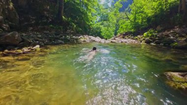 Güneşli bir günde yemyeşil orman ve kayalarla çevrili temiz bir dağ nehrinde yüzen bir kadının FPV drone görüntüsü. Vahşi doğada yaz kaçışı, macera ve seyahat kavramının tazelenmesi 