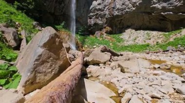 Bereketli yeşil ağaçlar ve ormanlarla çevrili kayalık bir uçurumdan şelalenin havadan çekilmiş videosu güneşli bir yaz gününde FPV insansız hava aracıyla ağır çekimde çekildi..