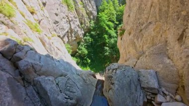 Bereketli yeşil ağaçlar ve ormanlarla çevrili kayalık bir uçurumdan şelalenin havadan çekilmiş videosu güneşli bir yaz gününde FPV insansız hava aracıyla ağır çekimde çekildi..