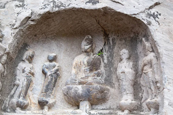 Híres Longmen Grottoes Szobrok Buddha Bodhisattvas Faragott Monolit Szikla Közelében — Stock Fotó