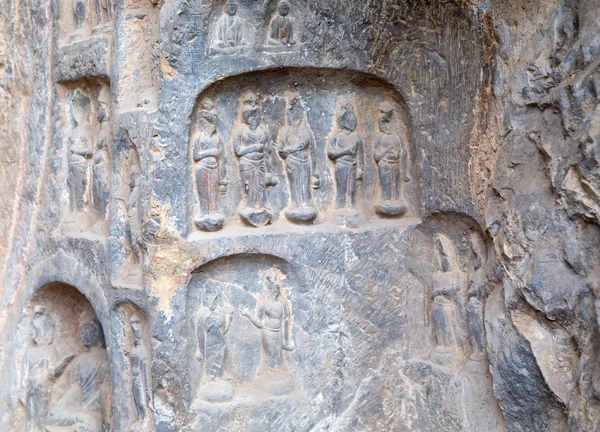 Híres Longmen Grottoes Szobrok Buddha Bodhisattvas Faragott Monolit Szikla Közelében — Stock Fotó