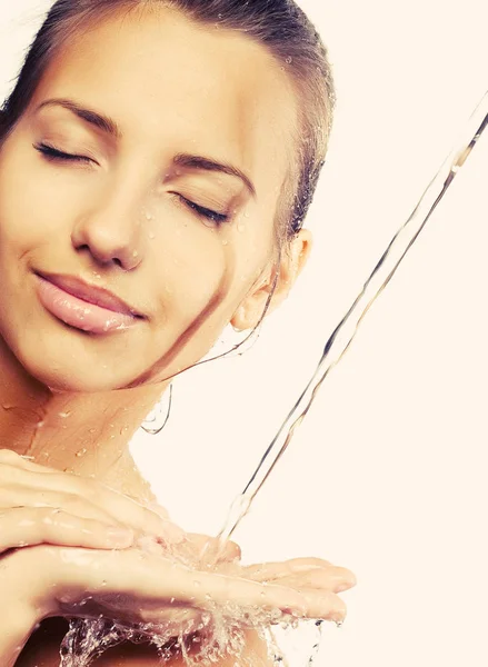 Female with a drops of water on her pure face — Stock Photo, Image