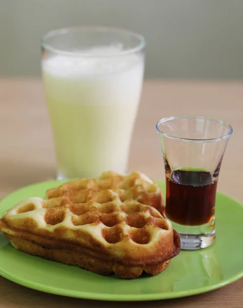 Delicious waffle with milk — Stock Photo, Image