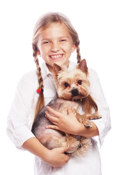 Menina loira bonita com bonito cão terrier yorkshire, isolado — Fotografia de Stock