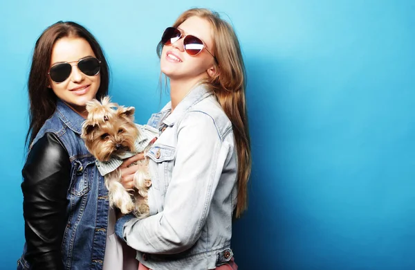 Style de vie et concept de personnes : Deux jeunes amies debout ensemble et tenant le chien — Photo