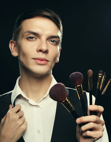 Ready Make Young Male Make Artist Posing Make Brushes Dark — Stock Photo, Image