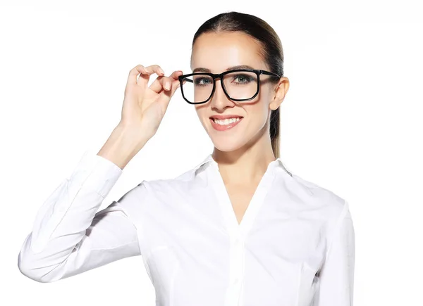 Lifestyle-, Business- und People-Konzept: junge Geschäftsfrau mit Brille vor weißem Hintergrund — Stockfoto