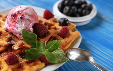 Dondurma ve taze meyveler - Ahududu ve blueberries.top görünümü ile Belçika waffle tabak