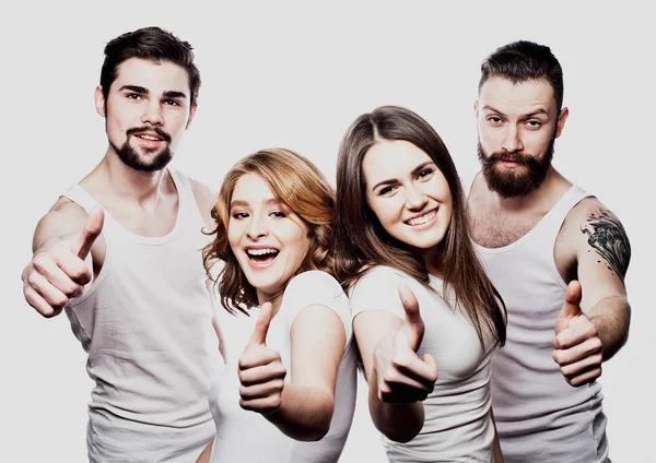 Happy joyful group of friends cheering isolated on white background. — Stock Photo, Image