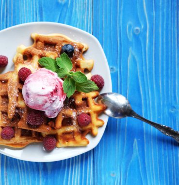 Taze meyveleri ve dondurma ile Belçika waffle 