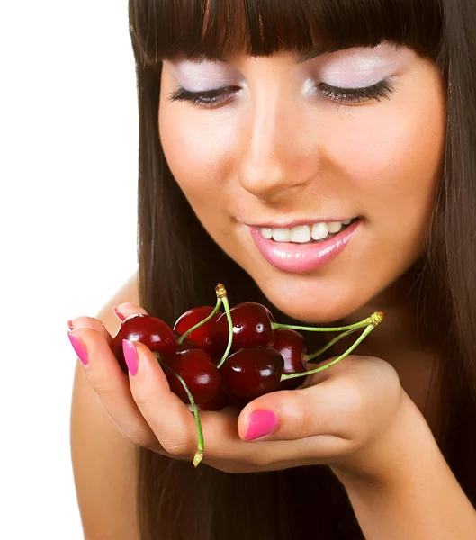 Woman with cherries on white — Stock Photo, Image