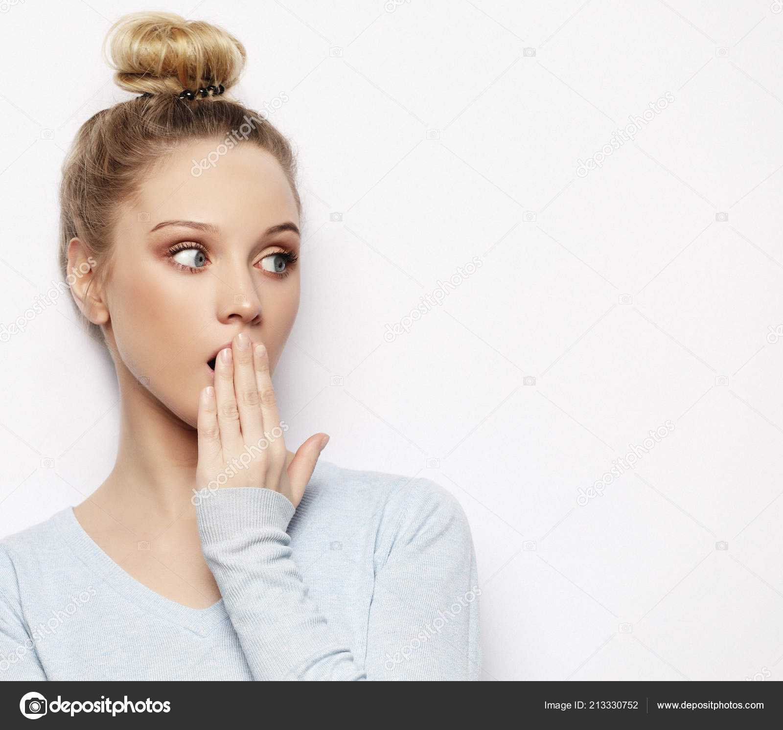 Indoor Shot Stupefied Shocked Blonde Woman Keeps Mouth Widely Opened