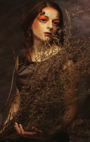 Concepto de belleza y arte: Mujer joven con maquillaje brillante con ramas secas — Foto de Stock