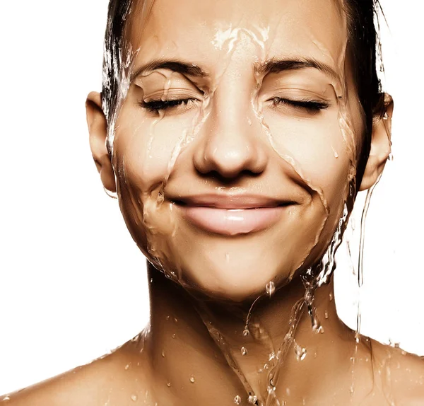 Mulher rosto com gota de água — Fotografia de Stock