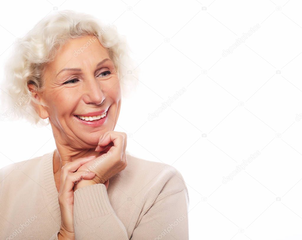 lifestyle, emotion  and people concept: Grey haired old nice beautiful laughing woman. Isolated over vwhite  background. Close up.