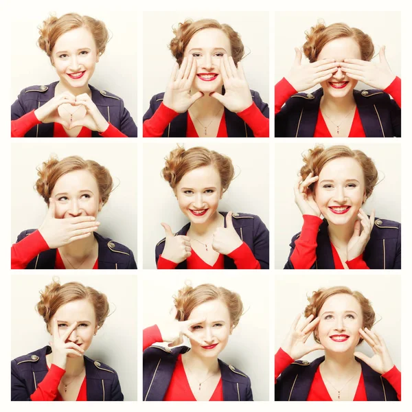Collage af kvinde forskellige ansigtsudtryk - Stock-foto