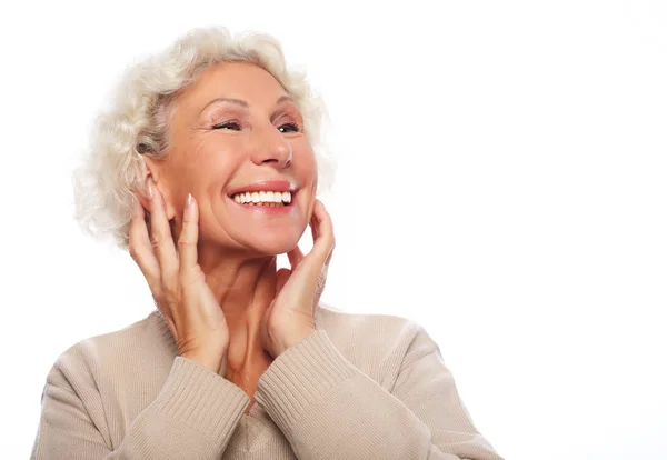 Lifestyle, emotion and people concept: Grey haired old nice beautiful laughing woman. — Stock Photo, Image