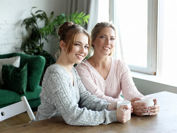 Glückliche junge Frau und ihre Mutter zu Hause — Stockfoto