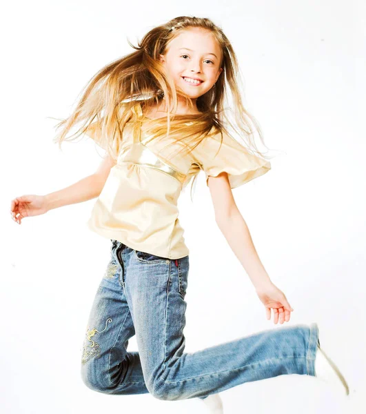 Girl jumps on a white background — Stock Photo, Image