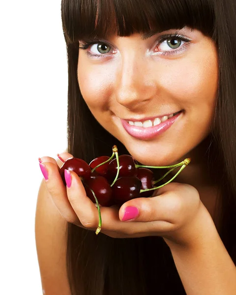 Beauty woman with cherries on white close up — Stock Photo, Image