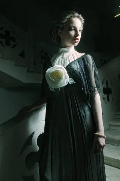 階段の上でポーズをとるエレガントなドレスの女性 — ストック写真