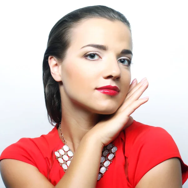 Portrait young happy woman in red dress — Stock Photo, Image