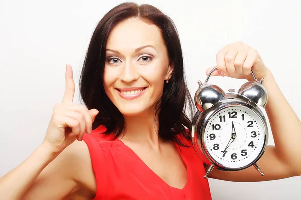 Joven mujer feliz con reloj despertador —  Fotos de Stock