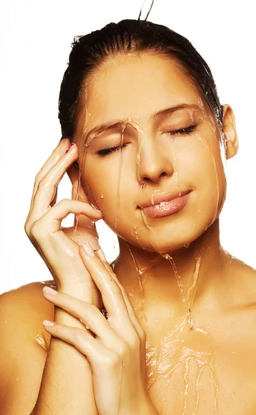 Female with a drops of water on her pure face — Stock Photo, Image