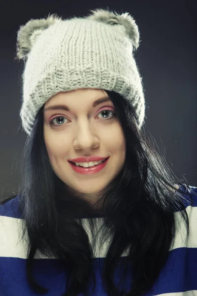 Young woman in funny winter hat — Stock Photo, Image