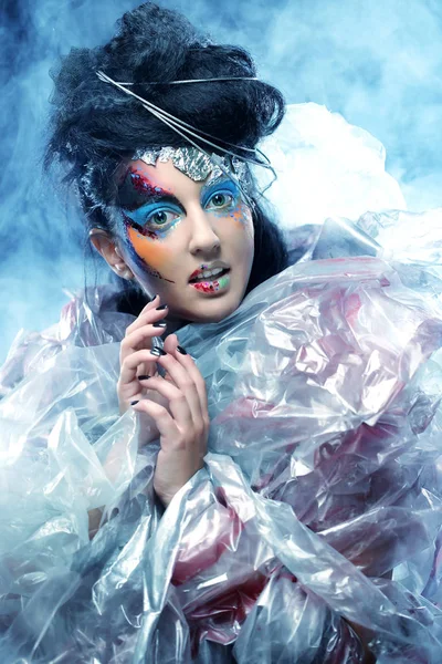 Portrait Woman Artistic Make Blue Smoke — Stock Photo, Image