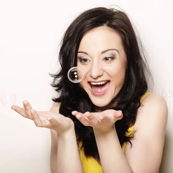 Happy Young Woman Soap Bubbles — Stock Photo, Image