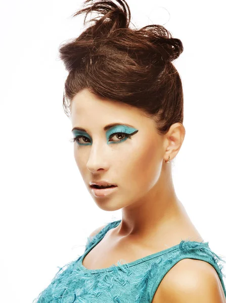 Woman with amazing hairstyle in blue dress. — Stock Photo, Image
