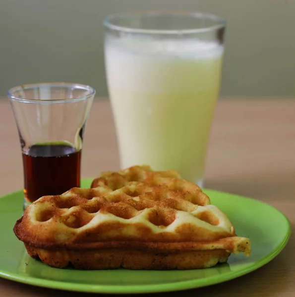 Delicious waffle with milk — Stock Photo, Image