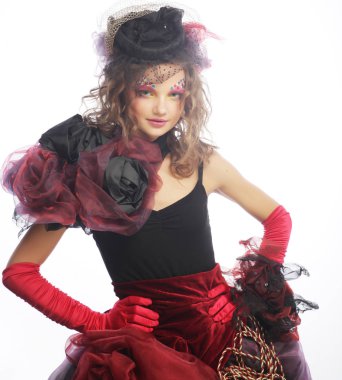 Moda kadın bebek tarzı bir kadeh. Yaratıcı makyaj. Fantezi dr