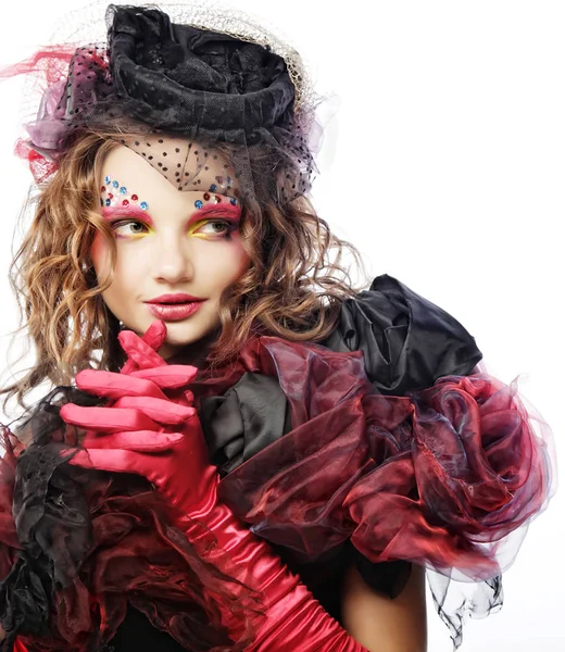 Mulher em estilo boneca. Criativa make-up.Fantasy vestido . — Fotografia de Stock