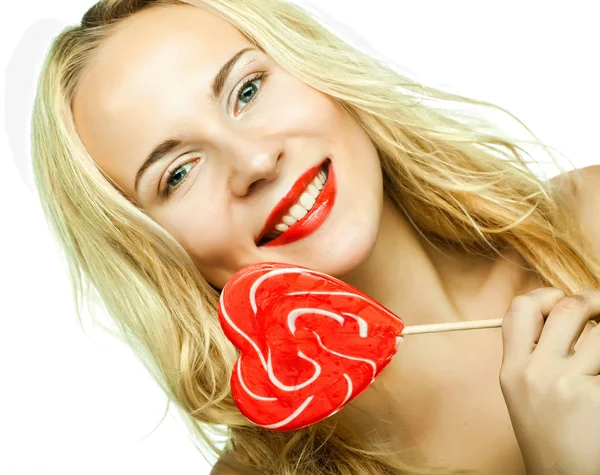 Frau mit Herz Lolly Pop — Stockfoto