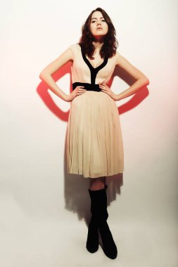 ışık arka plan üzerinde poz bir çanta modeli