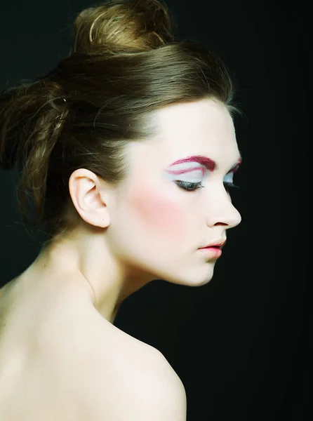 Young female face with bright fashion multicolored make-up — Stock Photo, Image