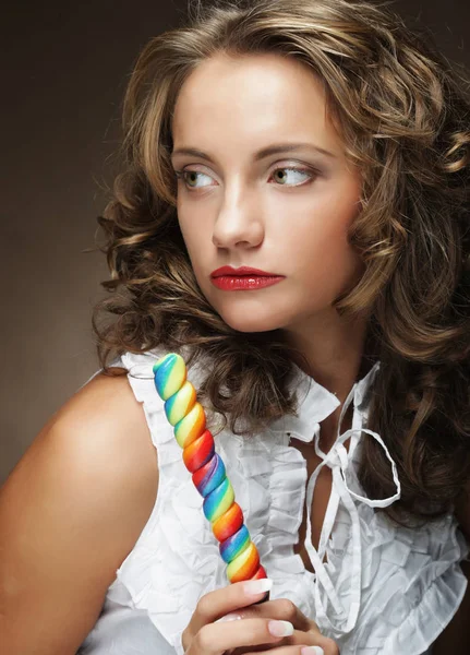 Beauty Curly Girl Portrait Holding Colorful Lollipop Close Picture — Stock Photo, Image