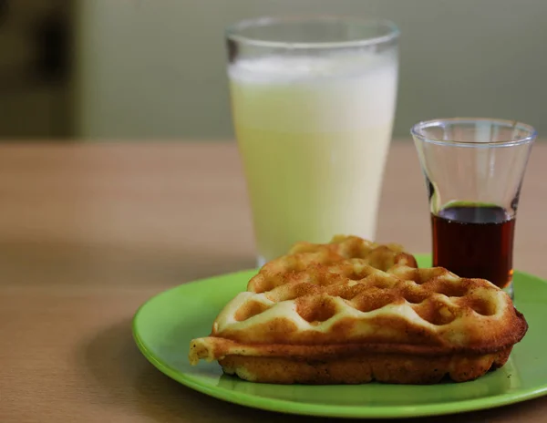 Delicious waffle with milk — Stock Photo, Image