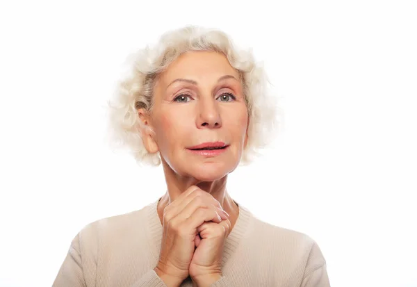 Lifestyle, emotion  and people concept: Grey haired old nice beautiful laughing woman. Isolated over vwhite  background — Stock Photo, Image