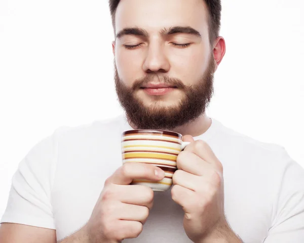 Καλημέρα, ο άνθρωπος που κρατά ένα φλιτζάνι τσάι. Πρωί έννοια. — Φωτογραφία Αρχείου