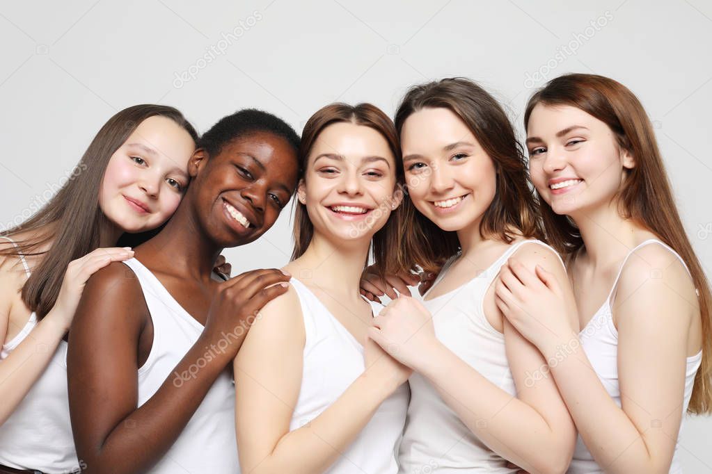 five multiracial, african american, european and asian girls