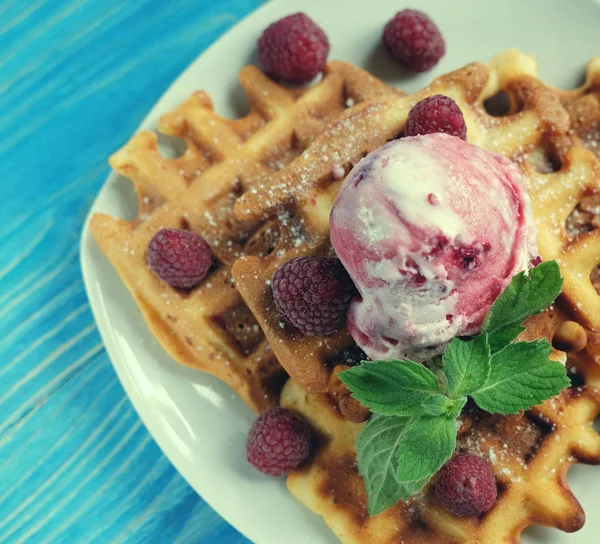 벨기에 와플 아이스크림와 푸른 나무 배경 위에 신선한 딸기 접시 — 스톡 사진