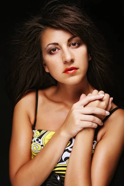 Fashion girl posing on dark background close up — Stock Photo, Image