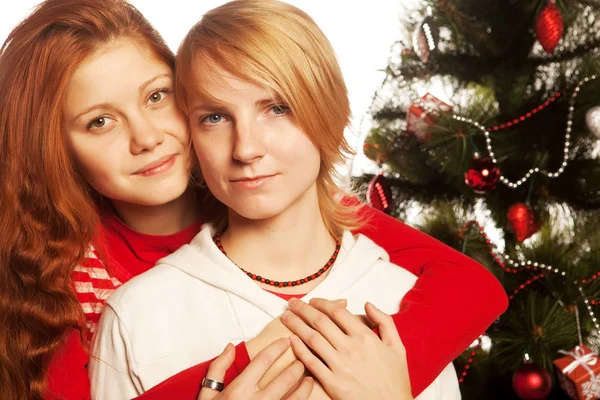 Two girlfriends near winter three, happy new year — Stock Photo, Image